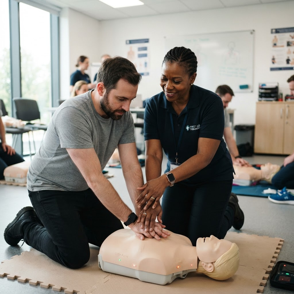 CPR instructor guiding a student through chest compressions on a training manikin